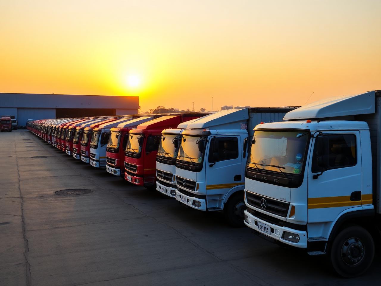 Fleet of cargo trucks parked at a transport depot